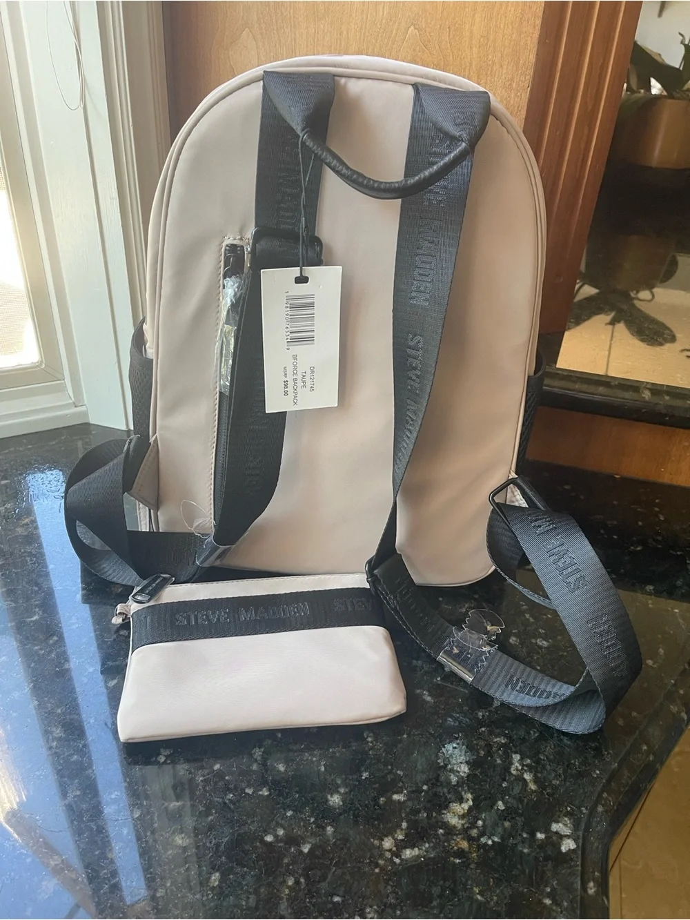 Steve Madden Beige Backpack with Black Logo and Pouch